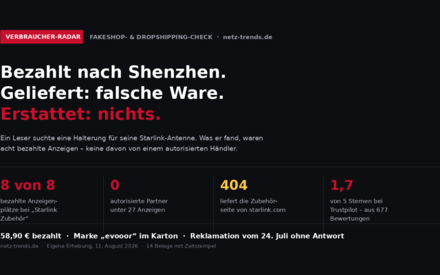 Acht von acht bezahlten Anzeigen ohne autorisierten Starlink-Haendler, 404 bei der Zubehoerseite, 1,7 Sterne bei Trustpilot