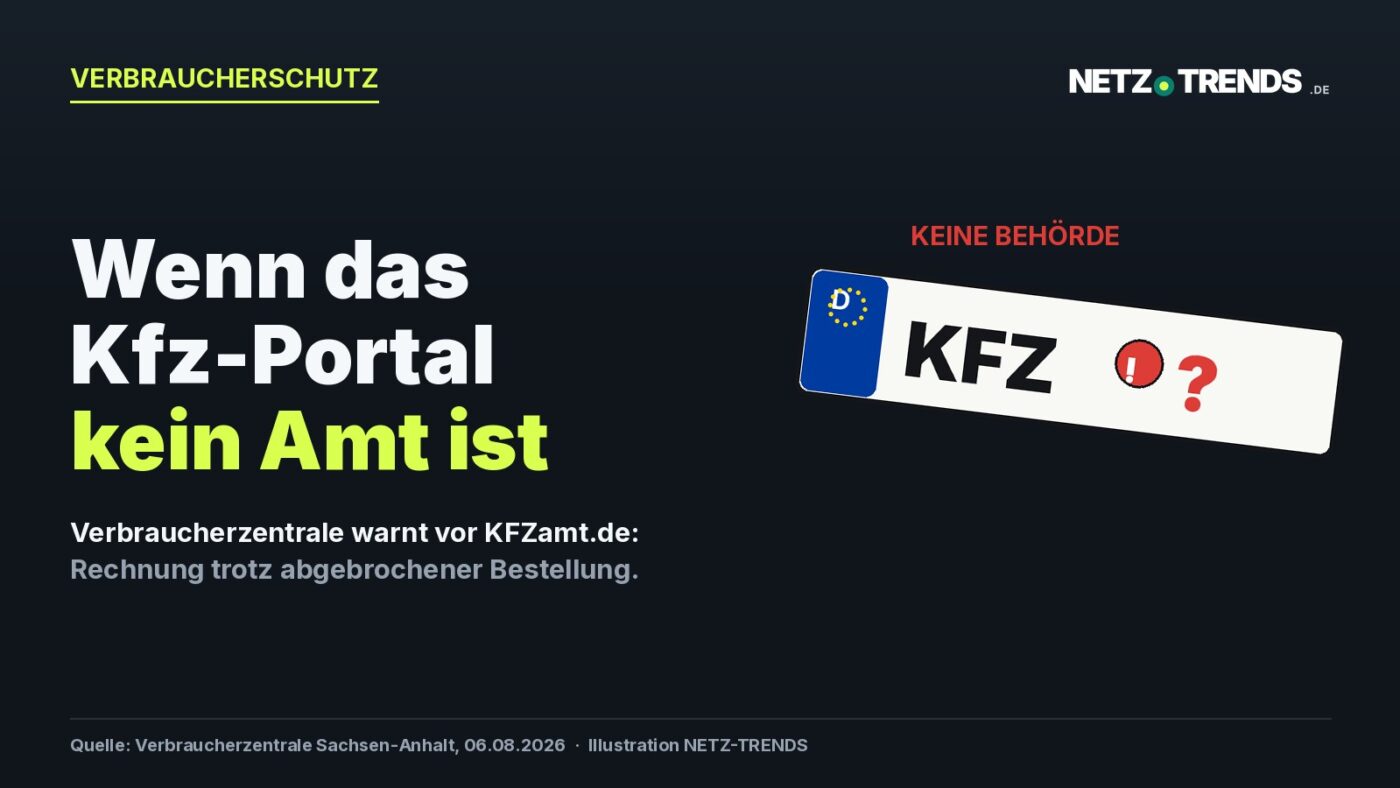 Dunkles NETZ-TRENDS-Titelbild mit stilisiertem deutschen Kfz-Kennzeichen, rotem Warnsymbol und dem Hinweis 'Keine Behörde' zur Warnung vor dem Portal KFZamt.de