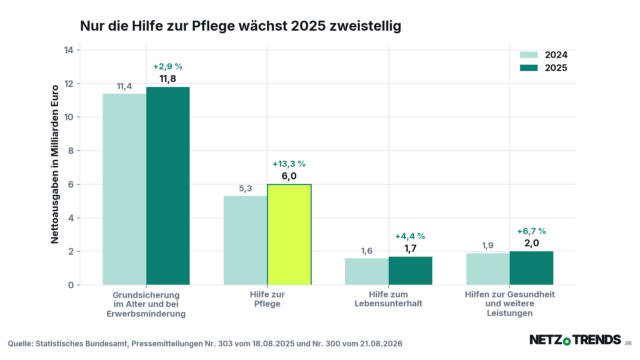 Säulendiagramm der Sozialhilfeausgaben in Deutschland nach Leistungsart 2024 und 2025: Grundsicherung im Alter 11,8 Milliarden Euro, Hilfe zur Pflege 6,0 Milliarden Euro, Hilfe zum Lebensunterhalt 1,7 Milliarden Euro, weitere Leistungen 2,0 Milliarden Euro