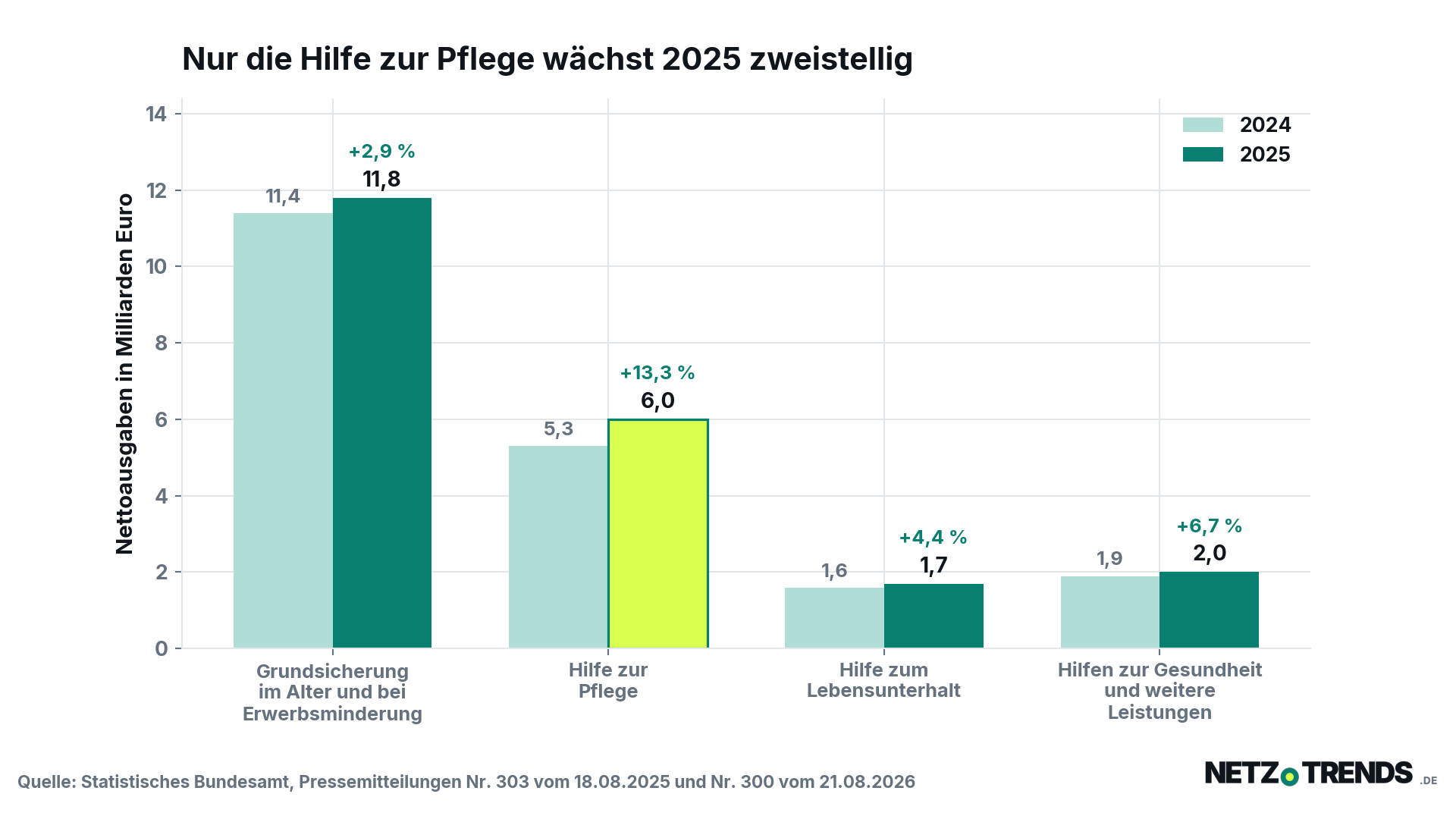 Säulendiagramm der Sozialhilfeausgaben nach Leistungsart 2024 und 2025: Grundsicherung im Alter 11,8 Milliarden Euro, Hilfe zur Pflege 6,0 Milliarden Euro, Hilfe zum Lebensunterhalt 1,7 Milliarden Euro, weitere Leistungen 2,0 Milliarden Euro