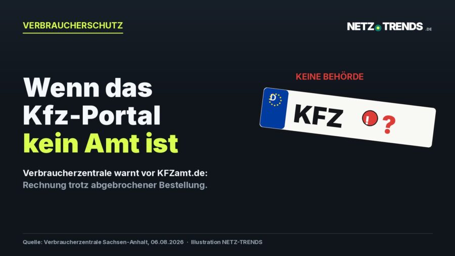 Dunkles NETZ-TRENDS-Titelbild mit stilisiertem deutschen Kfz-Kennzeichen, rotem Warnsymbol und dem Hinweis 'Keine Behörde' zur Warnung vor dem Portal KFZamt.de