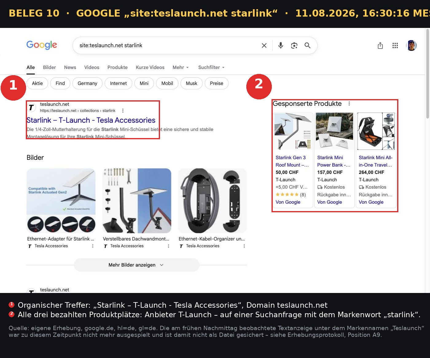 Beleg 10 · „site:teslaunch.net starlink“, 16:30:16 Uhr.