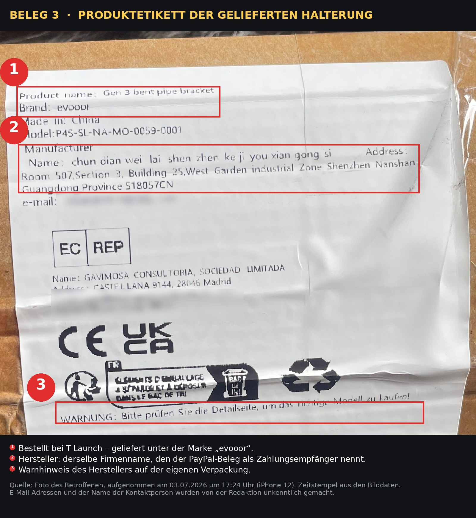 Beleg 3 · Produktetikett der gelieferten Halterung, 03.07.2026, 17:24 Uhr.