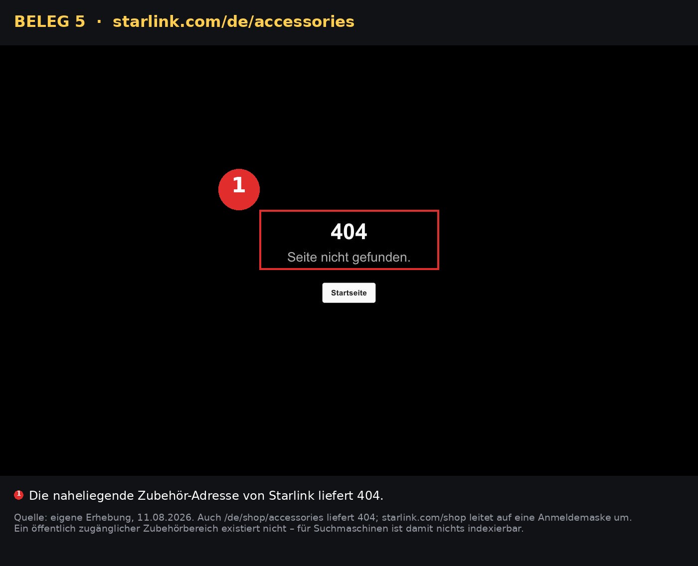 Beleg 5 · starlink.com/de/accessories liefert 404, 16:03:41 Uhr.