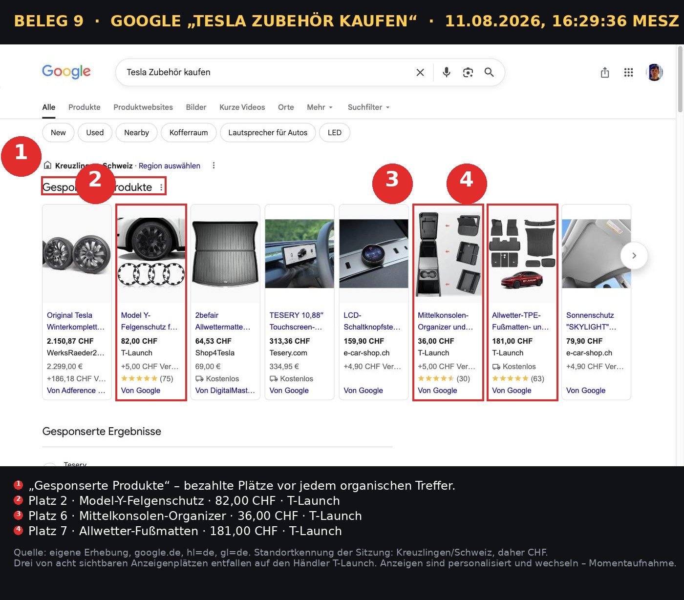 Beleg 9 · „Tesla Zubehör kaufen“, 16:29:36 Uhr.