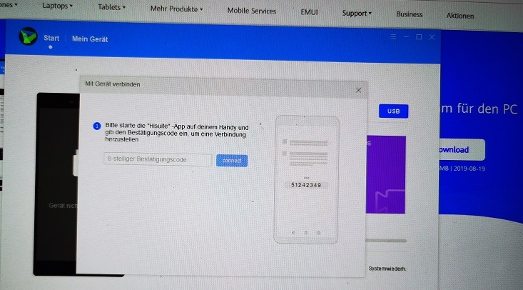Da kein achtstelliger HiSuite-Code kam, können wir ihn auch nicht eingeben. Diese Maske erschien noch nicht mal. Dafür das oben im Text eingeblendete Popup mit der Bitte unser Wifi-Passwort einzutippen, was wir aus Datenschutzgründen natürlich nicht empfehlen!