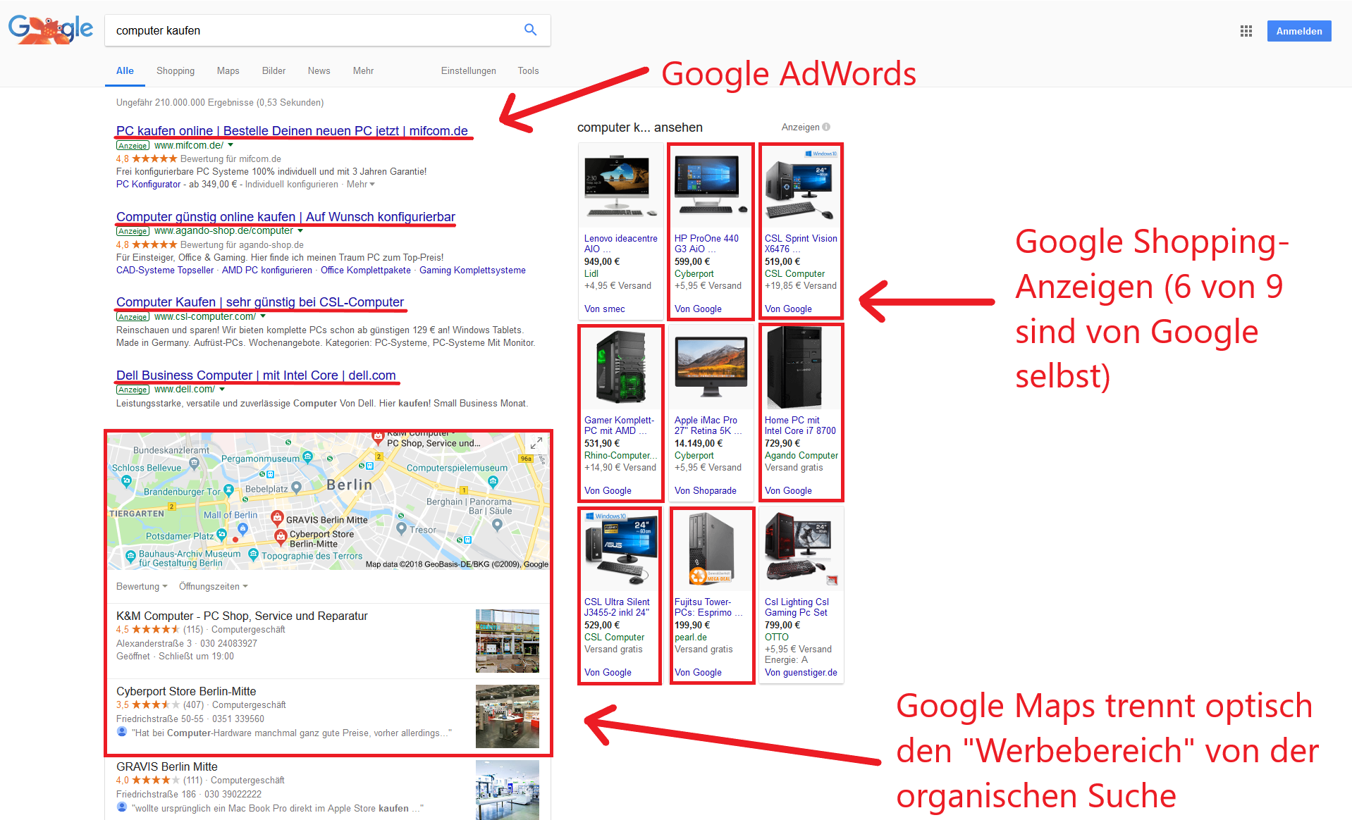 Auch das Beispiel "Computer kaufen" zeigt: Google hat die Top-Suchergebnisse weitestgehend auf seine eigenen Dienste ausgelegt. Als optischer Trenner zwischen bezahlten Links und organischer Suche wurde Google Maps eingespielt.