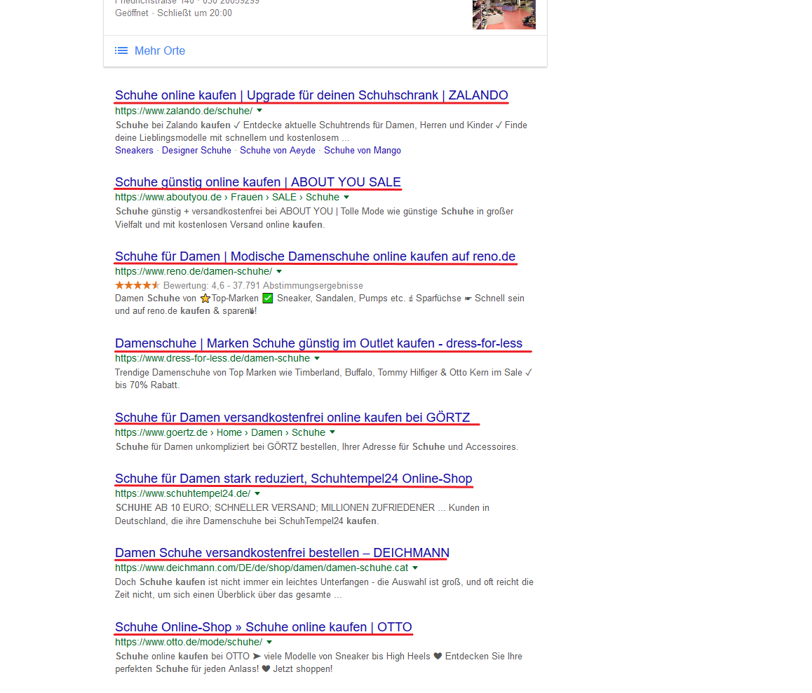 Die organische Suche listet vor allem große Einzelshops. Preisvergleichsseiten sucht man auf der ersten Google-Seite vergeblich - hier beim Beispiel "Schuhe kaufen".