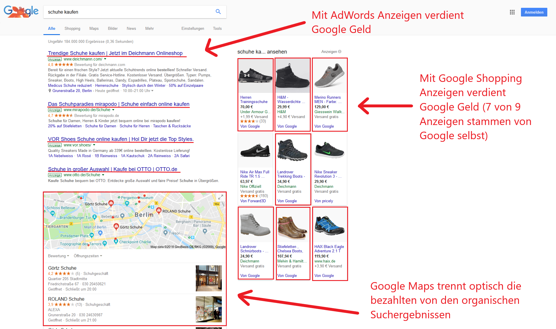 AdWords, Google Maps und Google Shopping: Die Top-Suchergebnisse sind voll von Googles eigenen Diensten - hier am Beispiel "Schuhe kaufen".