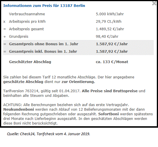 Ein Strompreistarifcheck auf Check24 vom 4. Januar 2019 für die Stadt Berlin.