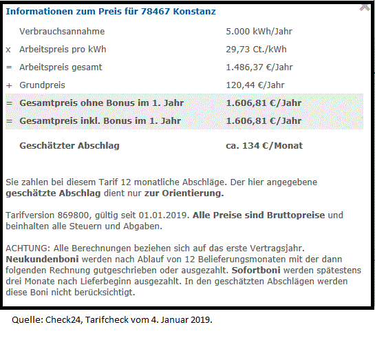 Ein Strompreistarifcheck auf Check24 vom 04. Januar 2019 für die Stadt Konstanz.