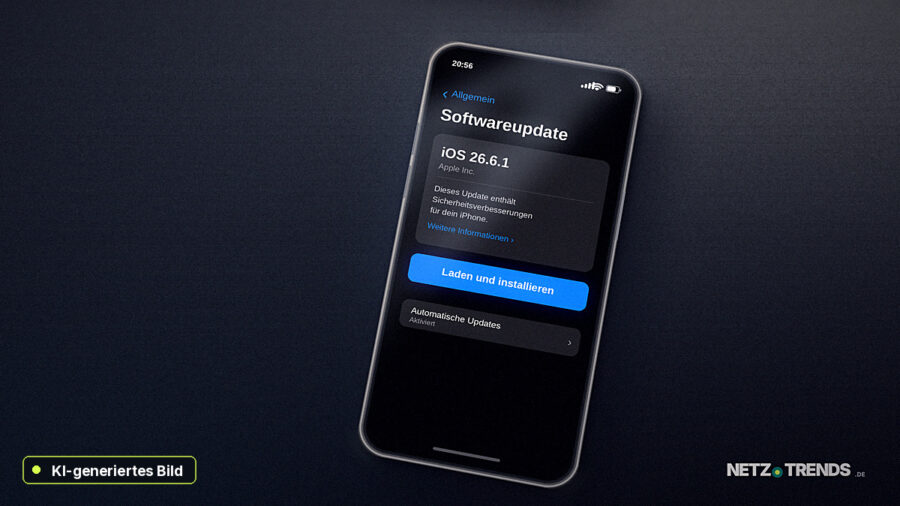 KI-generiertes Bild: Ein Smartphone liegt schräg auf einer dunklen Oberfläche und zeigt den Bildschirm Softwareupdate mit dem Eintrag iOS 26.6.1 und der Schaltfläche Laden und installieren.