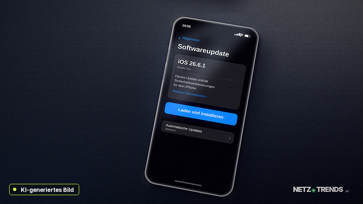 KI-generiertes Bild: Ein Smartphone liegt schräg auf einer dunklen Oberfläche und zeigt den Bildschirm Softwareupdate mit dem Eintrag iOS 26.6.1 und der Schaltfläche Laden und installieren.