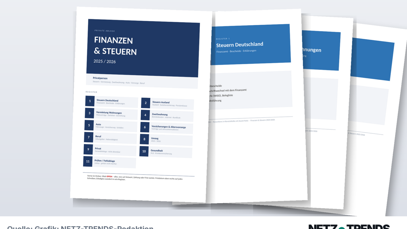 Deckblatt und Registerblätter eines Aktenordners mit den Rubriken Steuern, Vermietung, Zweitwohnung, Auto und Vorsorge