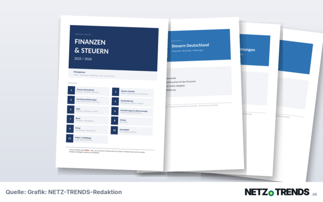 Deckblatt und Registerblätter eines Aktenordners mit den Rubriken Steuern, Vermietung, Zweitwohnung, Auto und Vorsorge