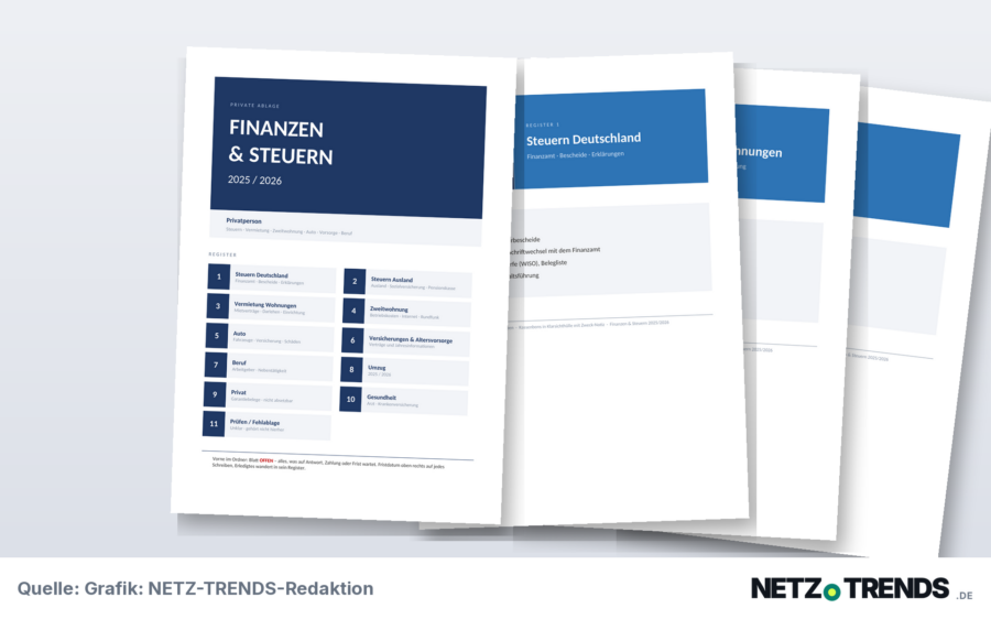 Deckblatt und Registerblätter eines Aktenordners mit den Rubriken Steuern, Vermietung, Zweitwohnung, Auto und Vorsorge