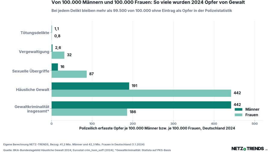 Balkendiagramm: Von 100.000 Männern und 100.000 Frauen in Deutschland wurden 2024 so viele Opfer von Gewalt polizeilich erfasst – Tötungsdelikte 1,1 Männer und 0,8 Frauen, Vergewaltigung 2,6 und 32, sexuelle Übergriffe 16 und 87, häusliche Gewalt 191 und 442, Gewaltkriminalität insgesamt 442 und 186