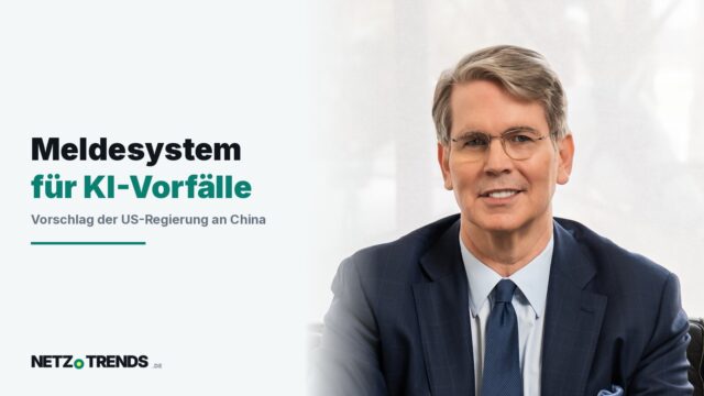 Titelgrafik: rechts das offizielle Porträt von US-Finanzminister Scott Bessent im dunklen Anzug, links auf hellem Grund der Schriftzug Meldesystem für KI-Vorfälle und die Zeile Vorschlag der US-Regierung an China