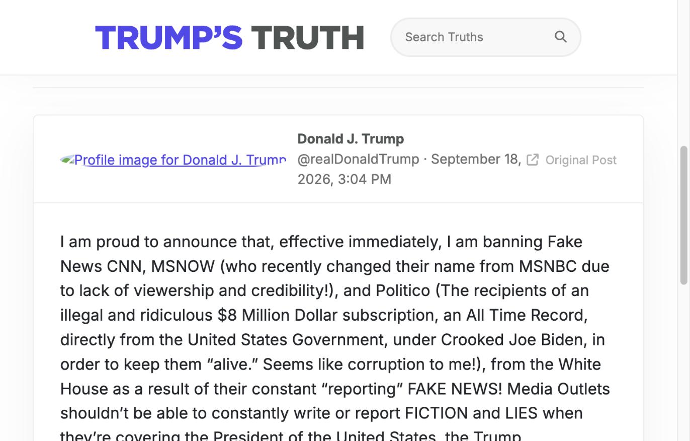 Screenshot des Original-Beitrags von Donald Trump vom 18.09.2026 auf Truth Social