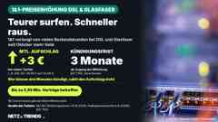 Aufmacher-Grafik: 1&1 erhöht Bestandskunden-Preise bei DSL und Glasfaser um bis zu 3 Euro im Monat, Kündigungsfrist 3 Monate nach Paragraf 57 TKG; im Hintergrund Glasfaser- und Netzwerkanschlüsse in einem 1&1-Rechenzentrum.