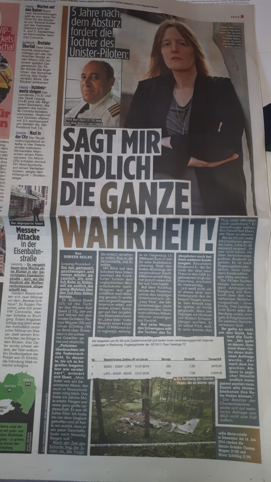 Original-Zeitungsseite BILD: Pilotentochter fordert Wahrheit zum ungeklärten Absturz