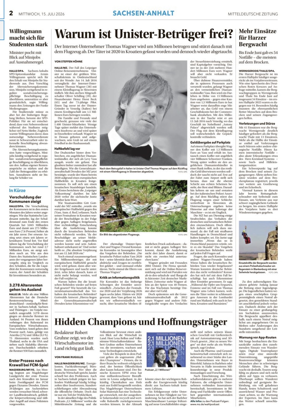Original-Zeitungsseite der Mitteldeutschen Zeitung: Warum ist Unister-Betrüger frei?