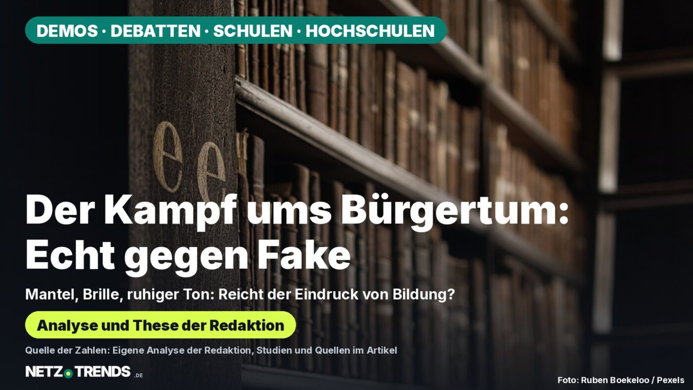 Aufmacher: Der Kampf ums Bürgertum: Echt gegen Fake. Foto einer historischen Bibliothek mit Bücherregalen