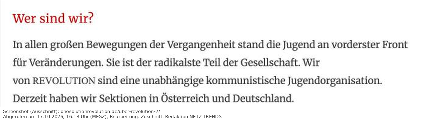Ausschnitt der Seite Wer sind wir? von REVOLUTION mit Selbstbeschreibung als kommunistische Jugendorganisation