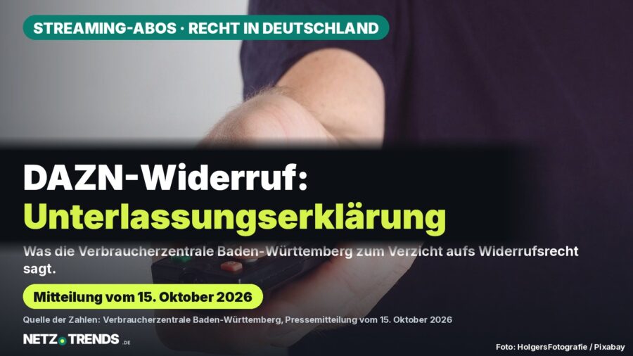 Eine Hand hält eine Fernbedienung; Karte mit der Frage „DAZN-Widerruf: Unterlassungserklärung“ zum Widerruf von Streaming-Abos