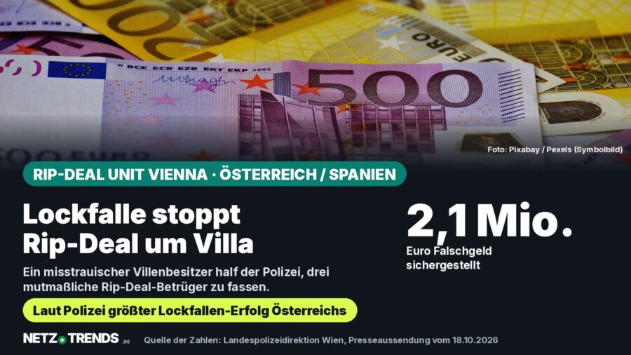 Euro-Banknoten als Symbolbild, darunter Karte: Lockfalle stoppt Rip-Deal um Villa, 2,1 Millionen Euro Falschgeld sichergestellt