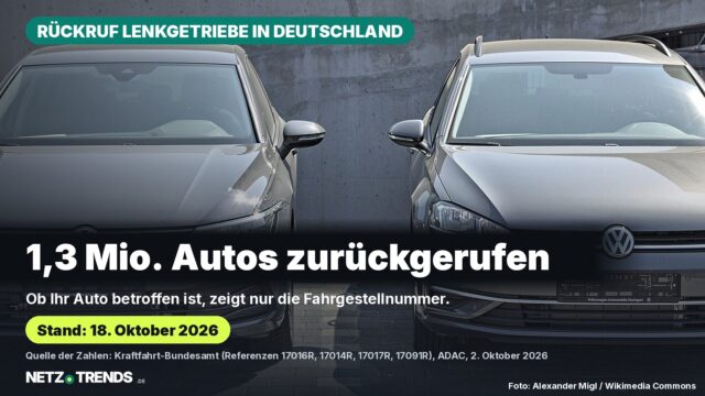 Zwei Volkswagen Golf nebeneinander mit der Frage 1,3 Mio. Autos zurückgerufen und dem Hinweis, dass nur die Fahrgestellnummer zeigt, ob ein Auto vom Rückruf der Lenkgetriebe-Schraube betroffen ist