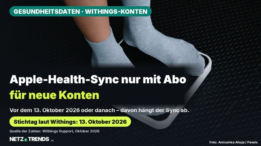Apple-Health-Sync nur mit Abo für neue Konten – Füße in grauen Socken auf einer analogen Personenwaage; Karte mit der Frage, wann das Withings-Konto angelegt wurde, und dem Stichtag 13. Oktober 2026