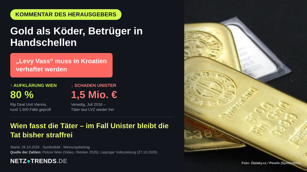 Aufmacher-Karte: Goldbarren als Symbolbild, Kommentar des Herausgebers, 80 Prozent Aufklärung Rip Deal Unit Vienna, 1,5 Millionen Euro Schaden im Fall Unister, Wien fasst die Täter – im Fall Unister bleibt die Tat bisher straffrei