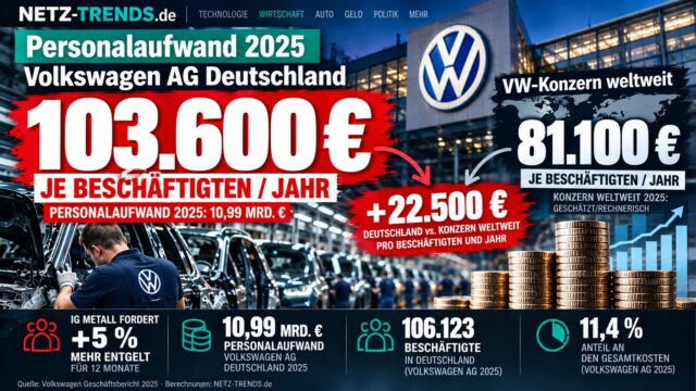 Infografik: Personalaufwand 2025 je Beschäftigten – Volkswagen AG in Deutschland rund 103.600 Euro, VW-Konzern weltweit rund 81.100 Euro, Differenz 22.500 Euro; dazu IG-Metall-Forderung plus 5 Prozent, 10,99 Milliarden Euro Personalaufwand, 106.123 Beschäftigte, 11,4 Prozent Anteil an den Gesamtkosten