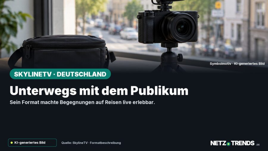 Symbolische Kamera mit Mikrofon und Tasche am Fenster; Text: Unterwegs mit dem Publikum. Als KI-generiertes Bild gekennzeichnet, mit NETZ-TRENDS-Logo.