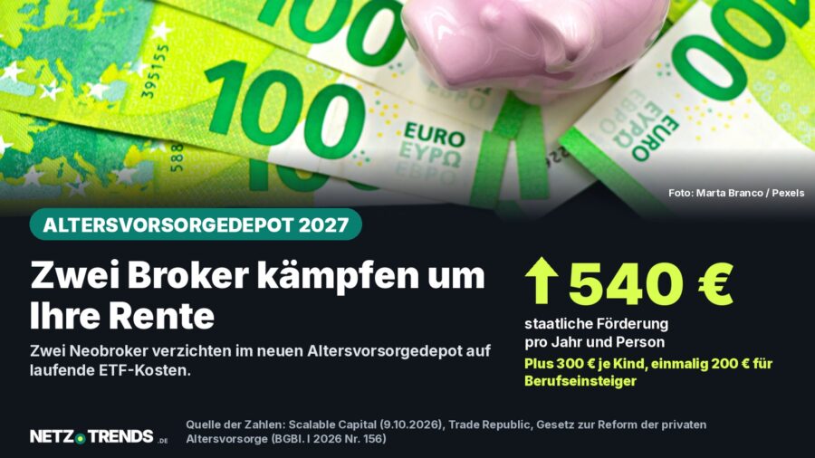 Aufmacher-Karte: Zwei Broker kämpfen um Ihre Rente – 540 Euro staatliche Förderung pro Jahr für das Altersvorsorgedepot 2027, im Hintergrund Euro-Banknoten und ein Sparschwein