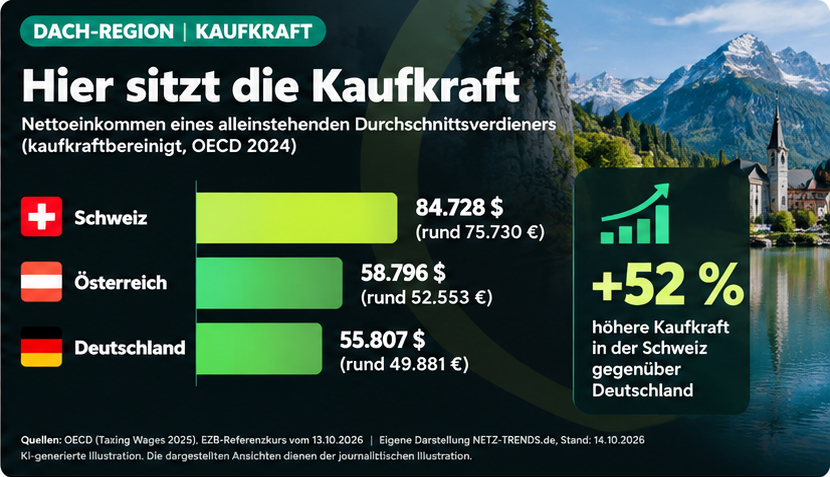 Kaufkraftvergleich Deutschland, Österreich und Schweiz. Daten: OECD Taxing Wages 2025; Euro-Umrechnung: EZB. KI-generierte Illustration.