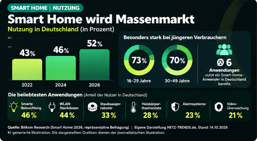 Smart-Home-Nutzung in Deutschland 2022 bis 2026 und nach Altersgruppen. Daten: Bitkom Research. KI-generierte Illustration.