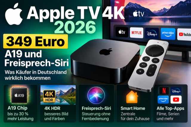 Illustration zum Apple TV 4K 2026 mit Streaming-Box, Fernbedienung und Hinweisen auf 349 Euro, A19-Chip und Freisprech-Siri.