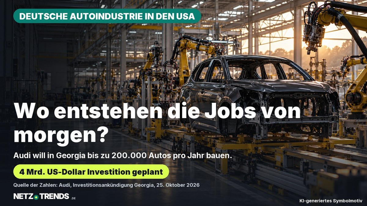 NETZ-TRENDS-Aufmacherkarte mit KI-generierter symbolischer Szene einer unbeschrifteten Autofabrik und Montagehalle; Audi plant Werk in Georgia mit bis zu 200.000 Autos Jahreskapazität, Original-Logo sichtbar.