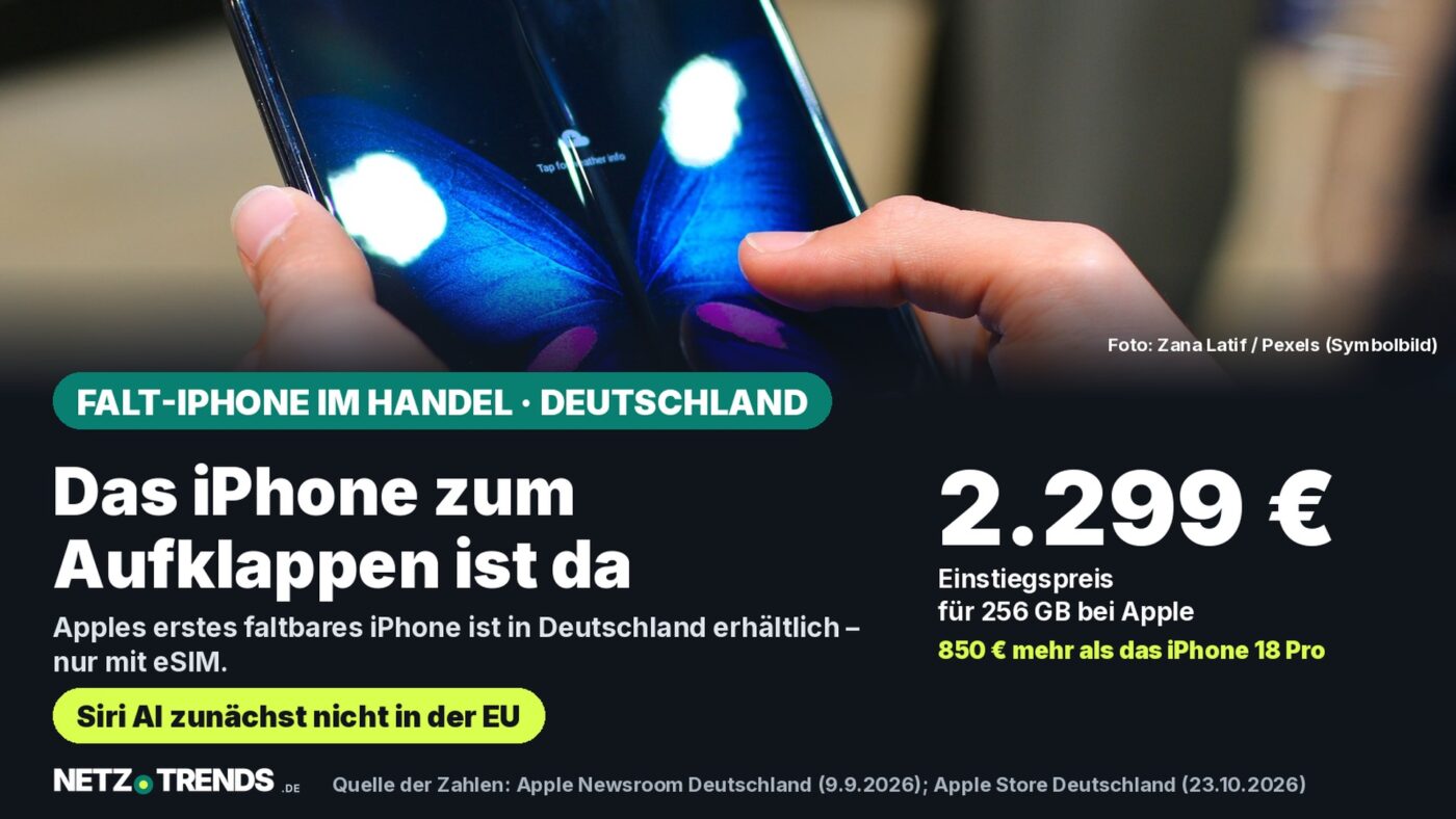 Aufmacher-Karte: Hände halten ein aufgeklapptes faltbares Android-Smartphone (Symbolbild); daneben der Einstiegspreis des iPhone Duo von 2.299 Euro in Deutschland