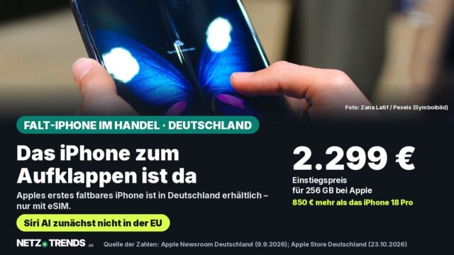 Aufmacher-Karte: Hände halten ein aufgeklapptes faltbares Android-Smartphone (Symbolbild); daneben der Einstiegspreis des iPhone Duo von 2.299 Euro in Deutschland