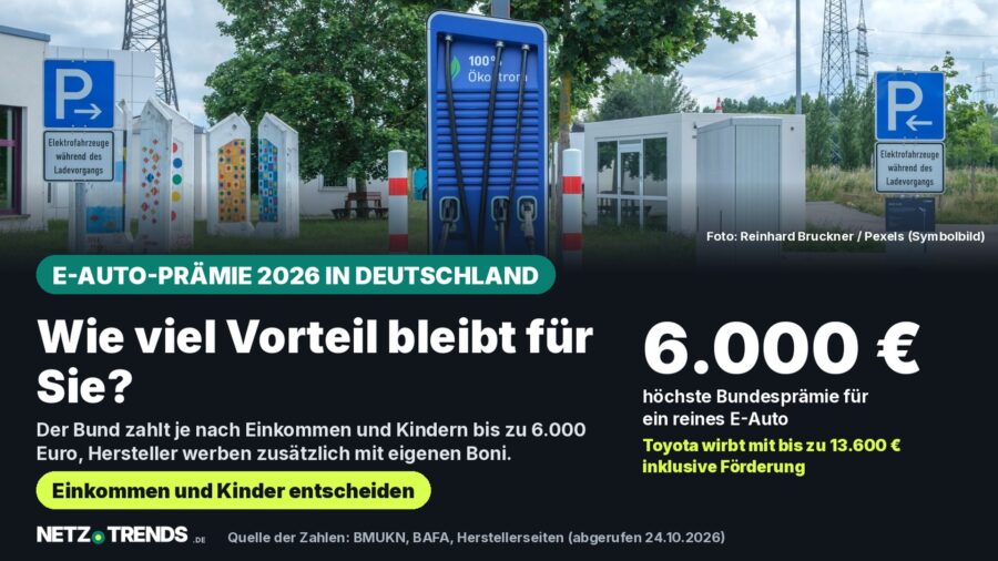 Aufmacher-Karte zur E-Auto-Prämie 2026: Schnellladesäule mit Hinweisschildern, dazu die höchste Bundesprämie von 6.000 Euro und die Frage, wie viel Vorteil für Haushalte bleibt