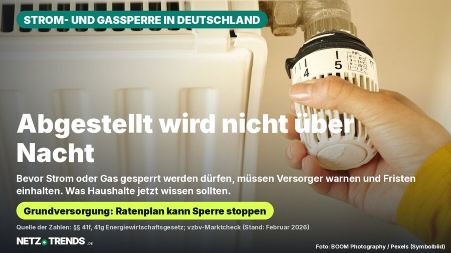 Hand dreht am Thermostat eines Heizkörpers; Aufmacher-Karte zu Strom- und Gassperre: Fristen, Ratenplan und Sperrkosten laut vzbv-Marktcheck