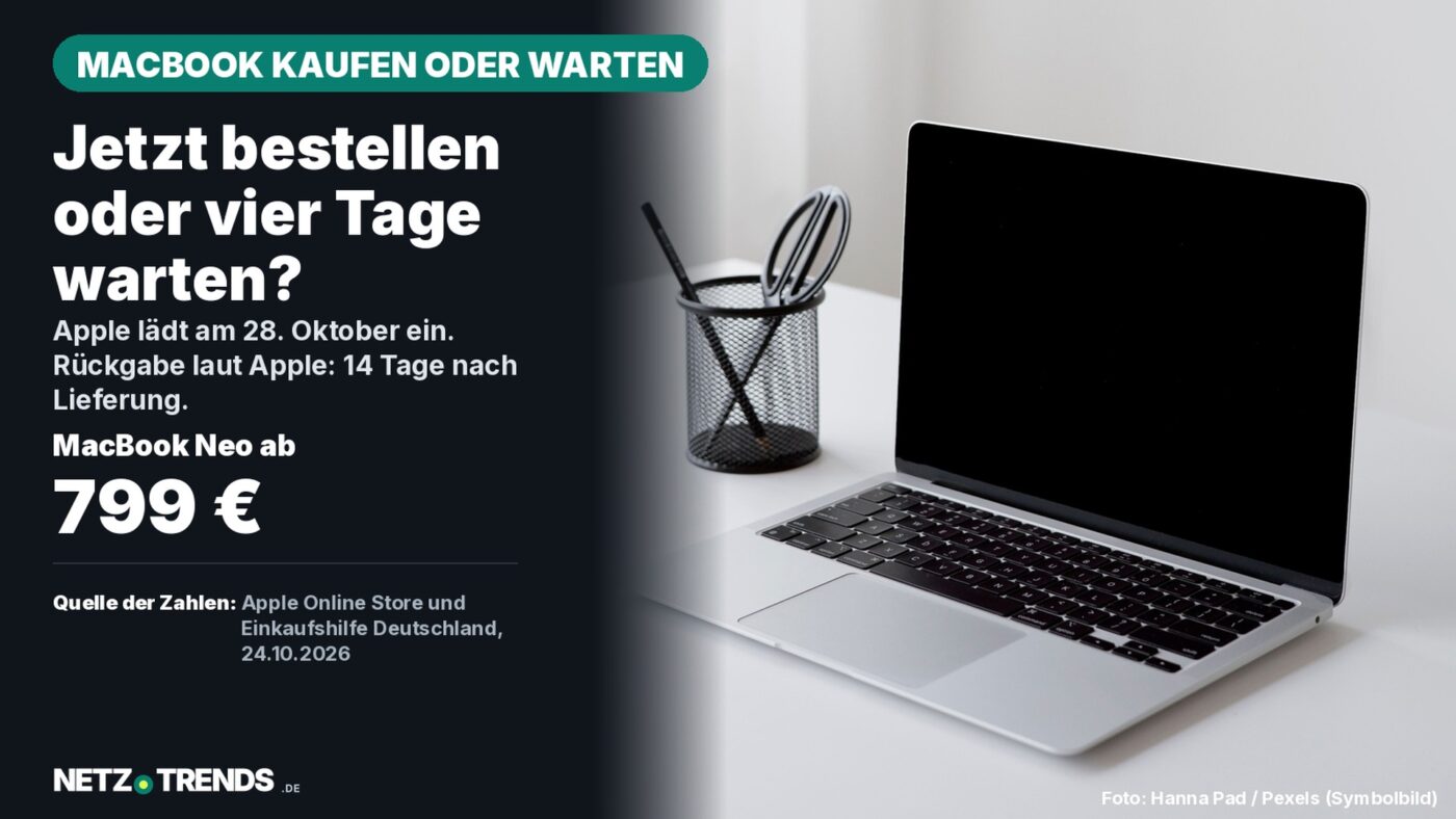 Aufgeklapptes Notebook auf weißem Schreibtisch als Symbolbild; Karte: MacBook Neo ab 799 Euro im Apple Store Deutschland, Apple lädt am 28. Oktober ein, Rückgabe 14 Tage nach Lieferung