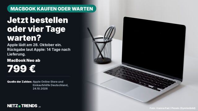 Aufgeklapptes Notebook auf weißem Schreibtisch als Symbolbild; Karte: MacBook Neo ab 799 Euro im Apple Store Deutschland, Apple lädt am 28. Oktober ein, Rückgabe 14 Tage nach Lieferung
