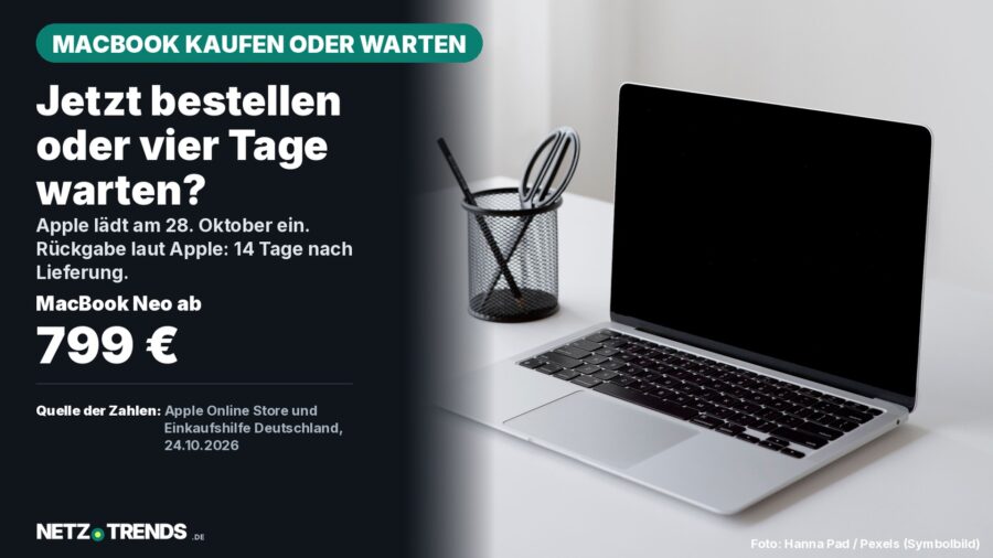 Aufgeklapptes Notebook auf weißem Schreibtisch als Symbolbild; Karte: MacBook Neo ab 799 Euro im Apple Store Deutschland, Apple lädt am 28. Oktober ein, Rückgabe 14 Tage nach Lieferung