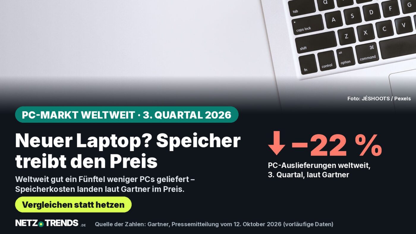 Aufmacher-Karte: Laptop-Tastatur von oben, daneben der Hinweis auf den Rückgang der weltweiten PC-Auslieferungen im 3. Quartal 2026 laut Gartner