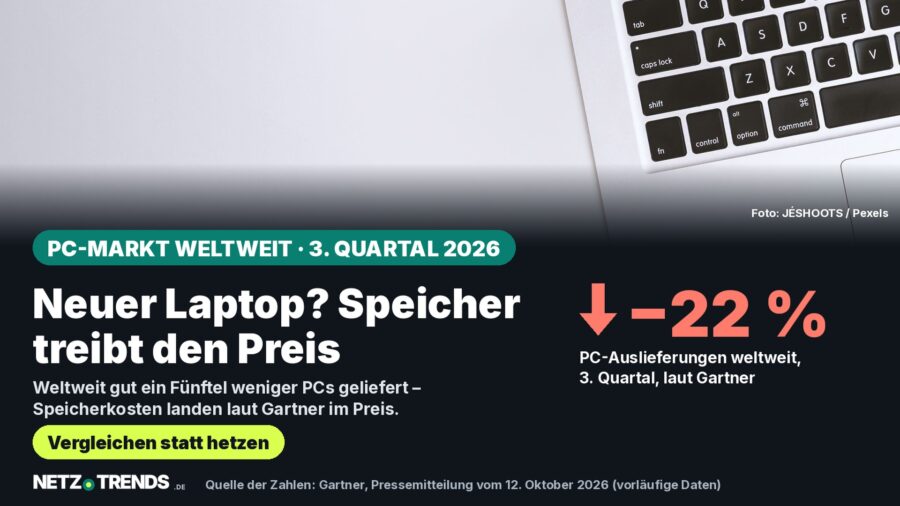 Aufmacher-Karte: Laptop-Tastatur von oben, daneben der Hinweis auf den Rückgang der weltweiten PC-Auslieferungen im 3. Quartal 2026 laut Gartner