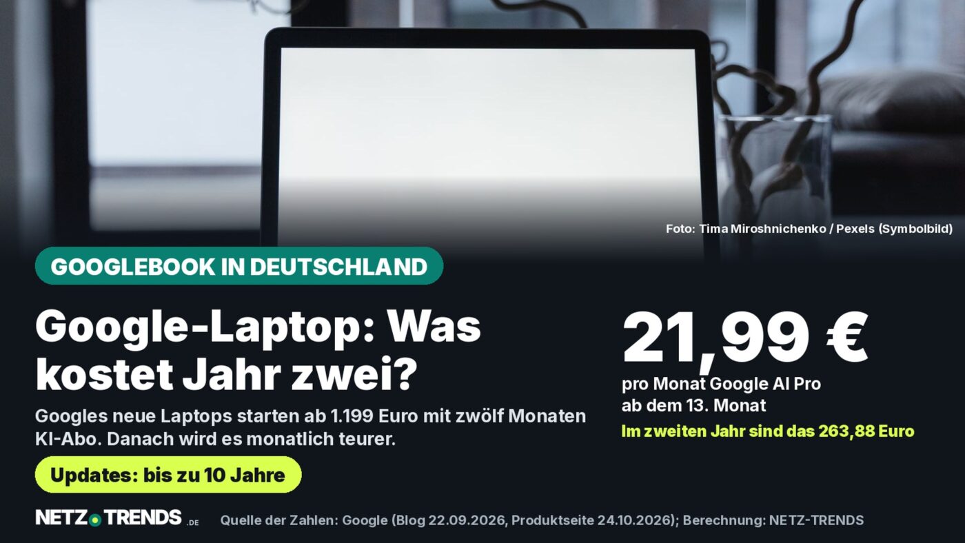 Offener Laptop mit leerem Bildschirm auf einem Tisch (Symbolbild); Karte nennt Googlebook, 21,99 Euro pro Monat für Google AI Pro ab dem 13. Monat und bis zu 10 Jahre Updates